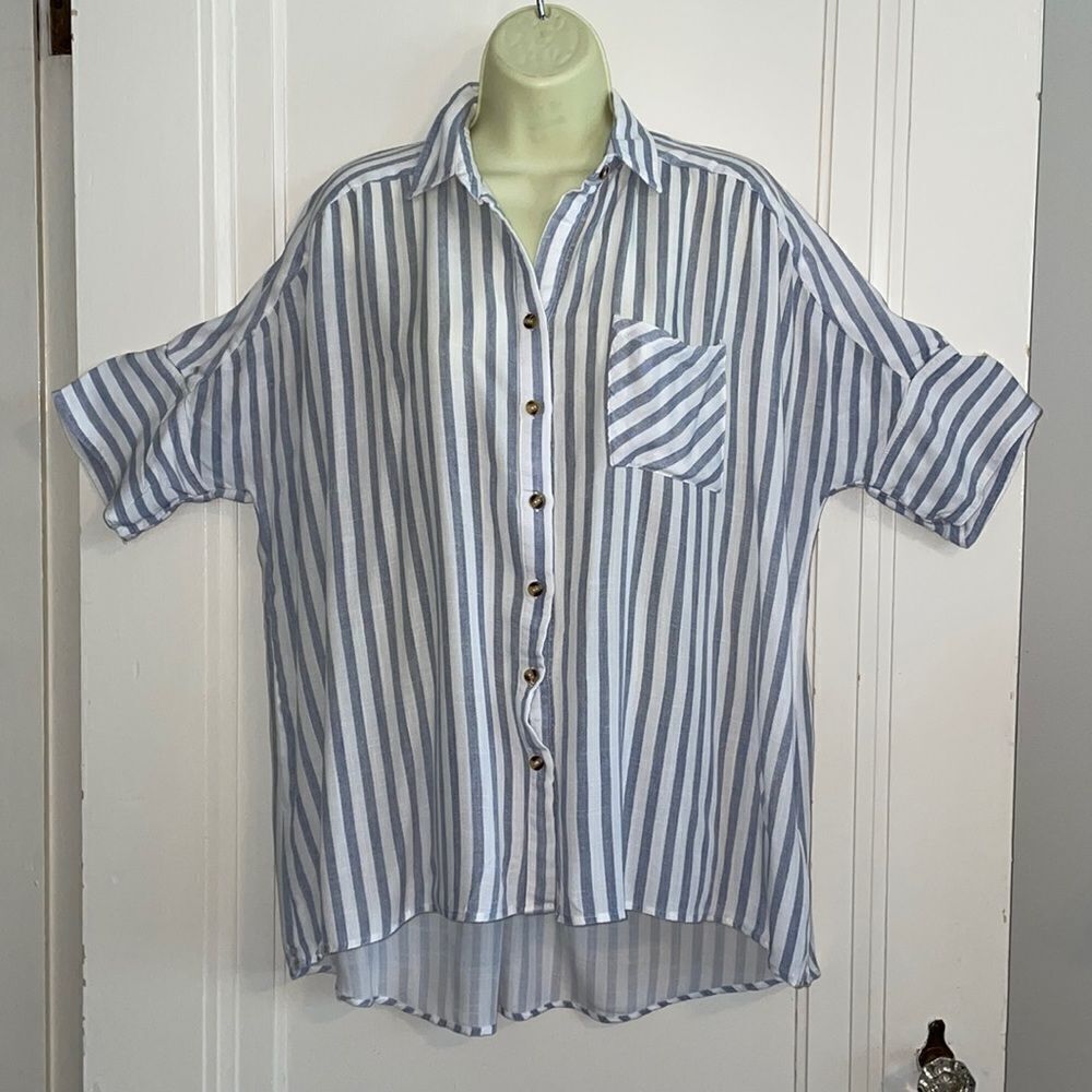Joah Premium blue & white vertical striped rayon short sleeve oversized shirt
